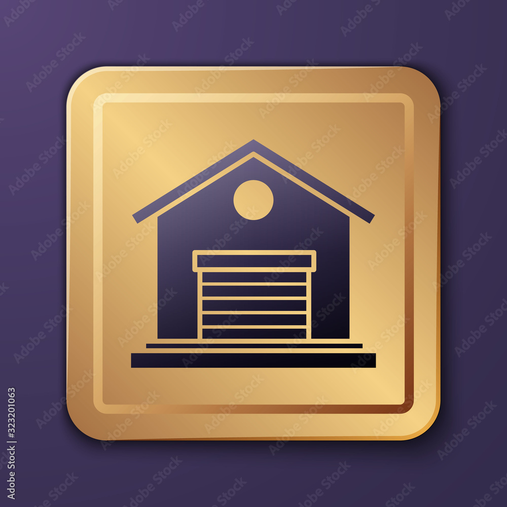 Purple Warehouse icon isolated on purple background. Gold square button. Vector Illustration