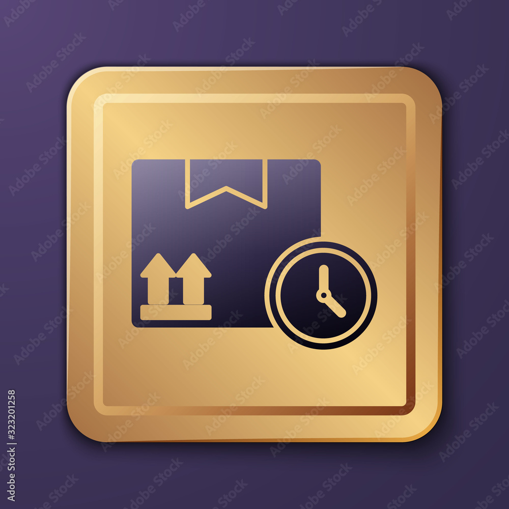 Purple Carton cardboard box and fast time delivery icon isolated on purple background. Box, package,