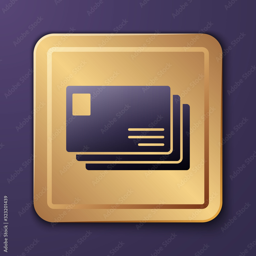 Purple Envelope icon isolated on purple background. Email message letter symbol. Gold square button.