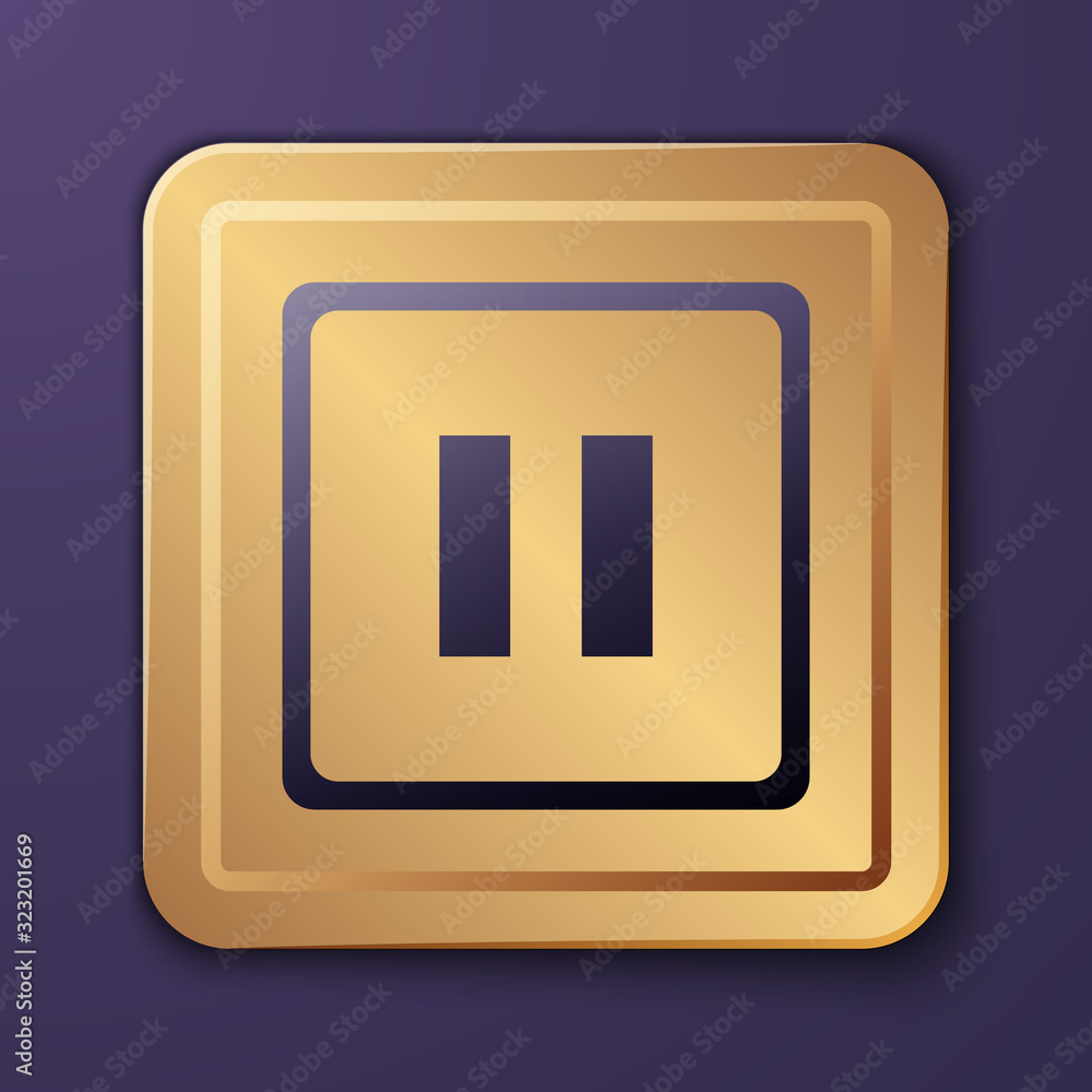 Purple Pause button icon isolated on purple background. Gold square button. Vector Illustration