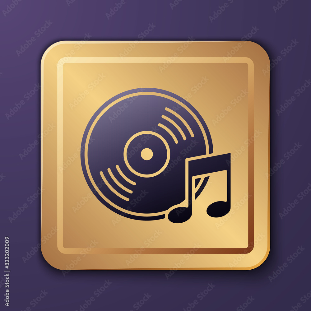 Purple Vinyl disk icon isolated on purple background. Gold square button. Vector Illustration