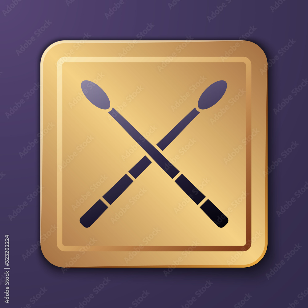 Purple Drum sticks icon isolated on purple background. Musical instrument. Gold square button. Vecto