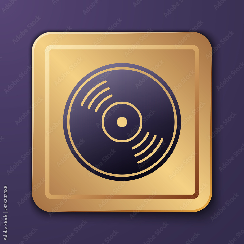 Purple Vinyl disk icon isolated on purple background. Gold square button. Vector Illustration