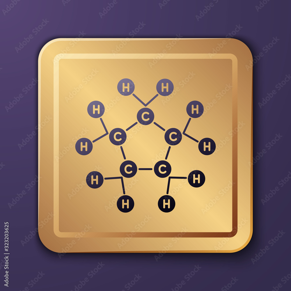 Purple Molecule oil icon isolated on purple background. Structure of molecules in chemistry. Gold sq