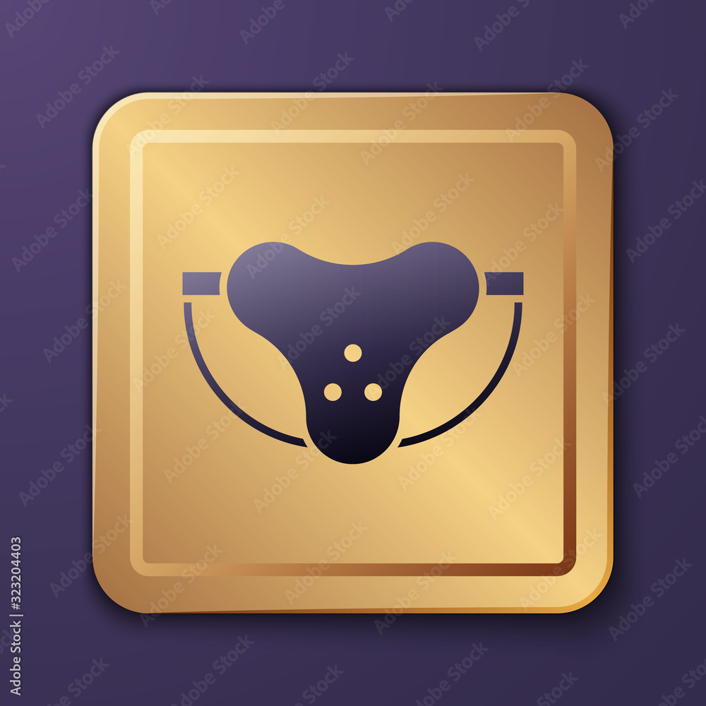 Purple Protective sport jockstrap icon isolated on purple background. Gold square button. Vector Ill