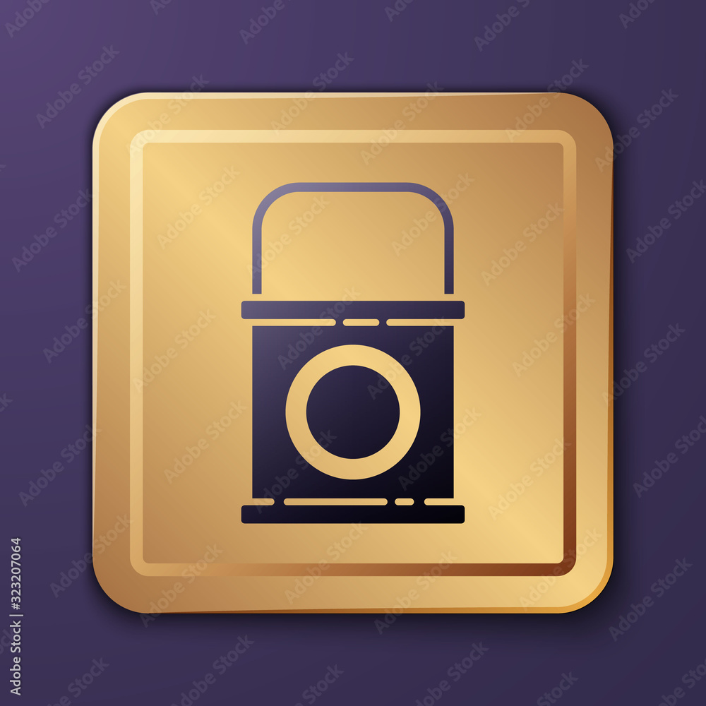 Purple Paint bucket icon isolated on purple background. Gold square button. Vector Illustration