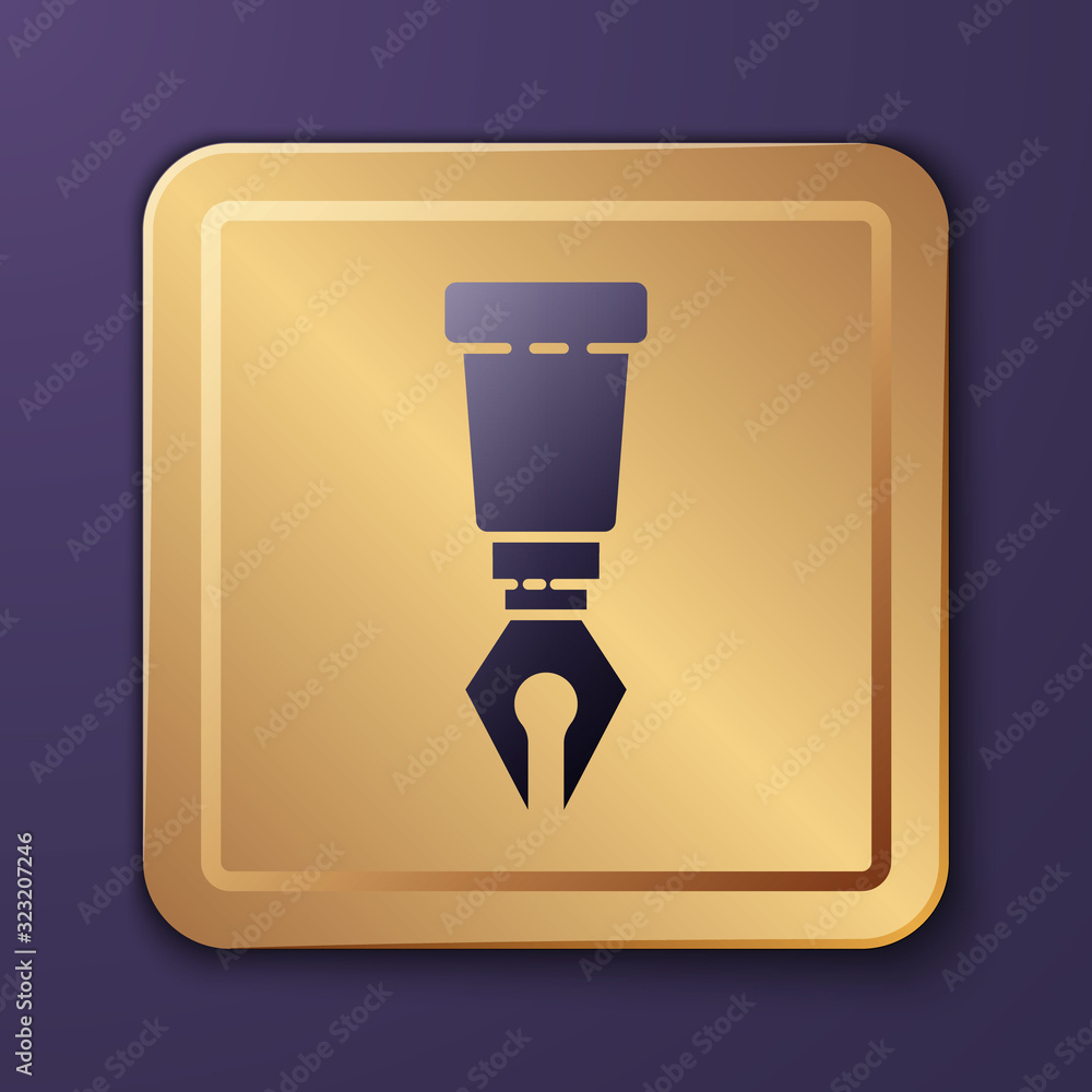 Purple Fountain pen nib icon isolated on purple background. Pen tool sign. Gold square button. Vecto