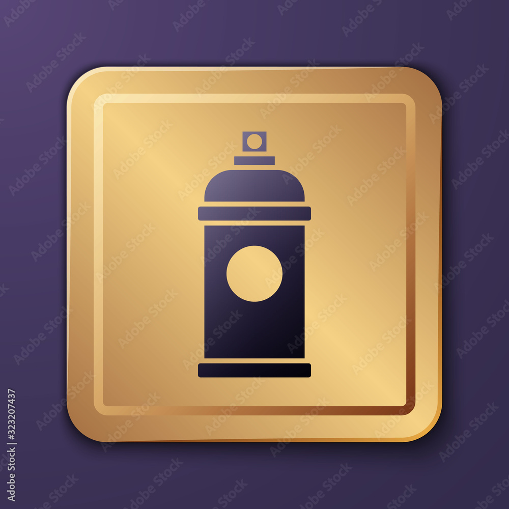 Purple Paint spray can icon isolated on purple background. Gold square button. Vector Illustration