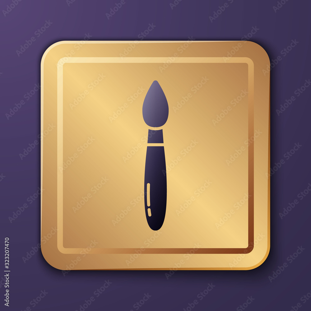 Purple Paint brush icon isolated on purple background. Gold square button. Vector Illustration