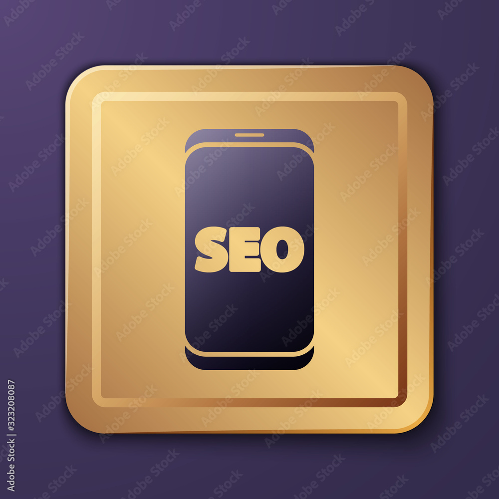 Purple Mobile phone SEO optimization concept icon isolated on purple background. Gold square button.