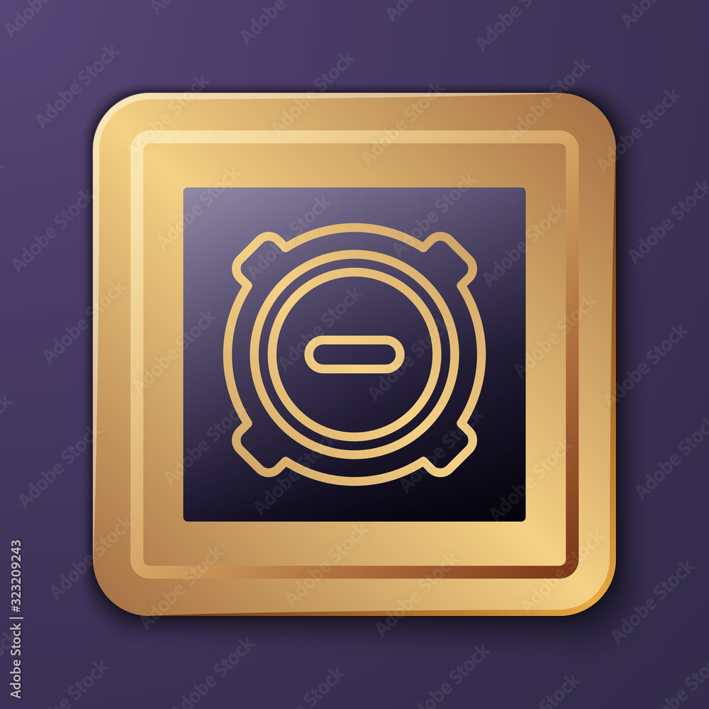 Purple Manhole sewer cover icon isolated on purple background. Gold square button. Vector Illustrati