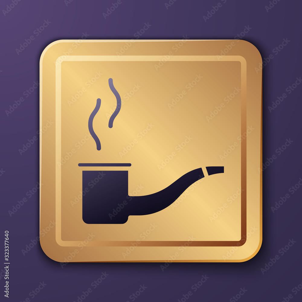 Purple Smoking pipe with smoke icon isolated on purple background. Tobacco pipe. Gold square button.