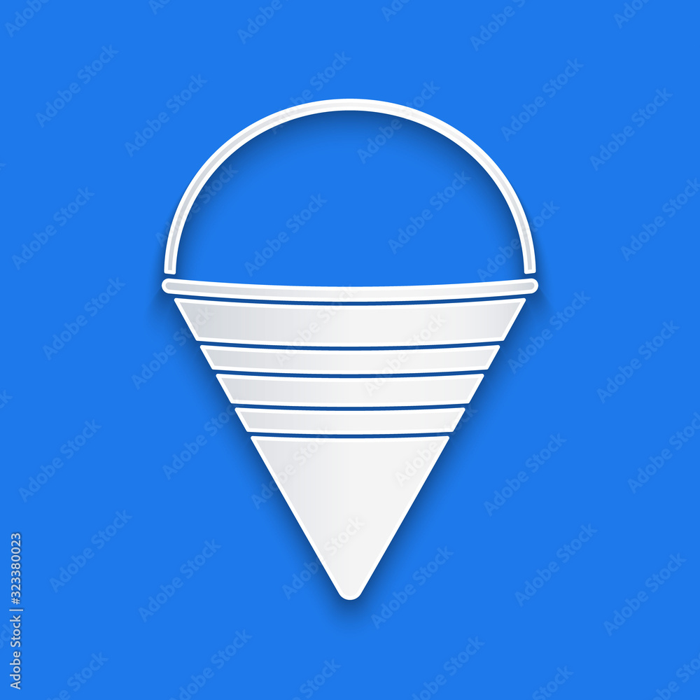 Paper cut Fire cone bucket icon isolated on blue background. Metal cone bucket empty or with water f