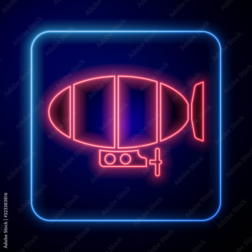 Glowing neon Airship icon isolated on blue background.  Vector Illustration