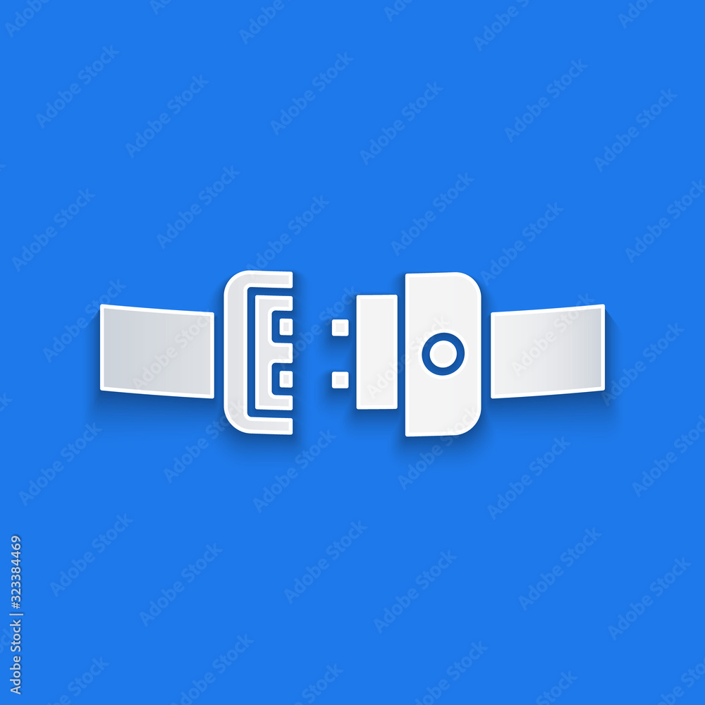 Paper cut Safety belt icon isolated on blue background. Seat belt. Paper art style. Vector Illustrat