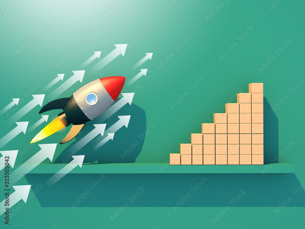 3D illustration business startup successful leadership ideas concept launch rocket with white ditect