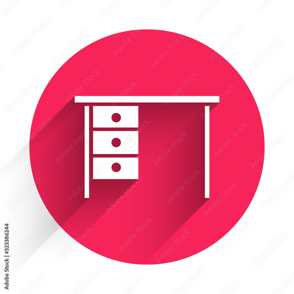 White Office desk icon isolated with long shadow. Red circle button. Vector Illustration