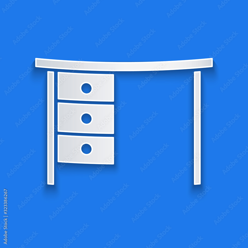 Paper cut Office desk icon isolated on blue background. Paper art style. Vector Illustration