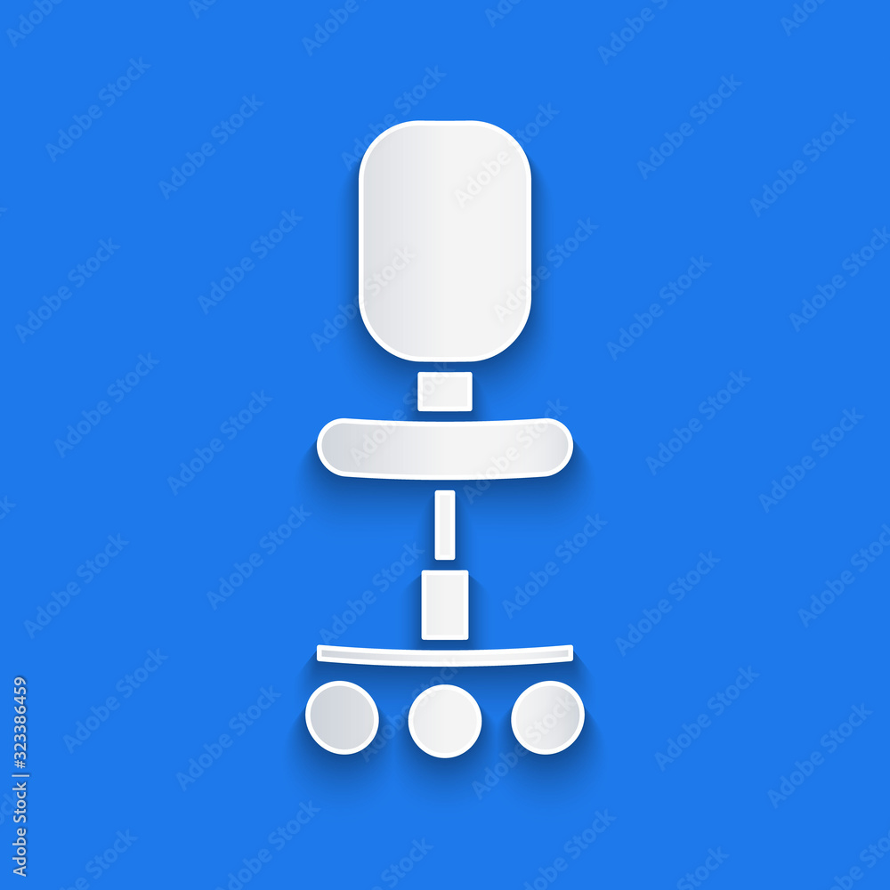 Paper cut Office chair icon isolated on blue background. Paper art style. Vector Illustration