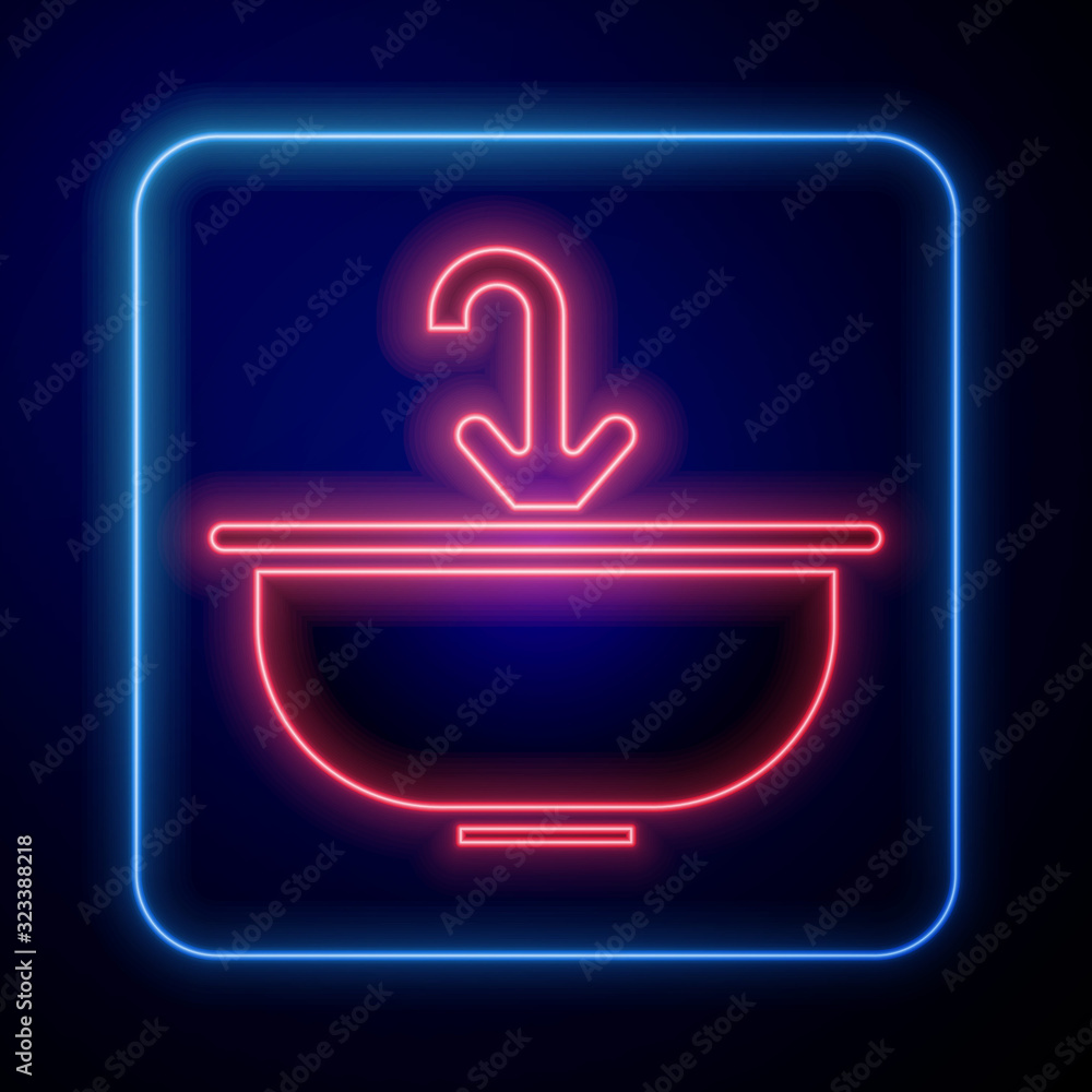 Glowing neon Washbasin with water tap icon isolated on blue background.  Vector Illustration