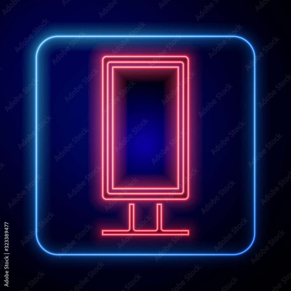 Glowing neon Big full length mirror for bedroom, shops, backstage icon isolated on blue background. 