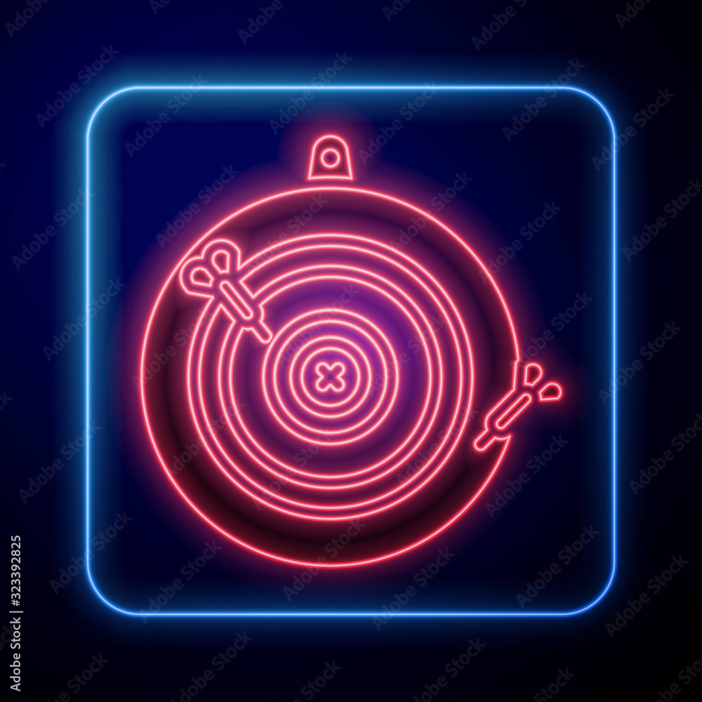 Glowing neon Classic dart board and arrow icon isolated on blue background. Dartboard sign. Game con