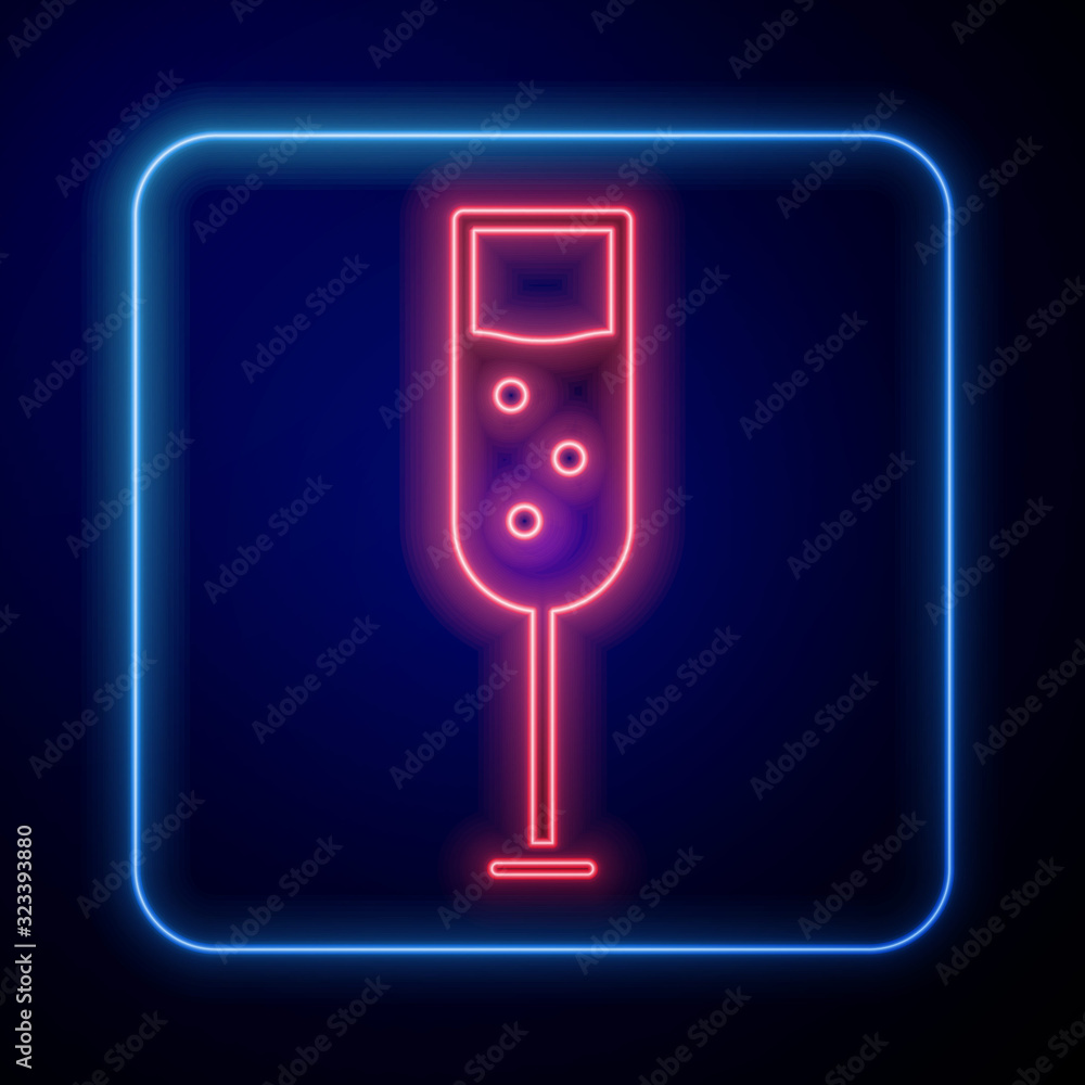 Glowing neon Glass of champagne icon isolated on blue background. Vector Illustration