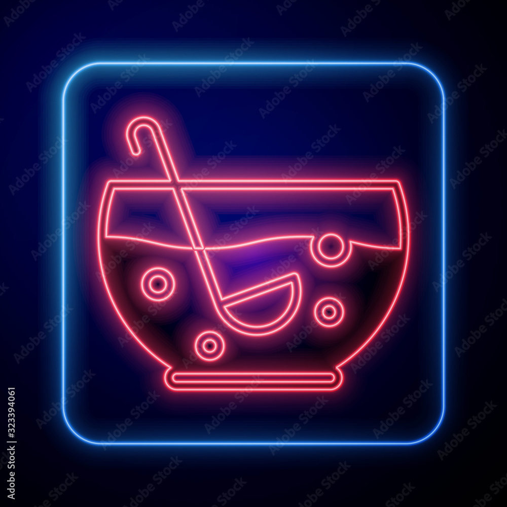 Glowing neon Mixed punch with fresh fruits in bowl icon isolated on blue background. Vector Illustra