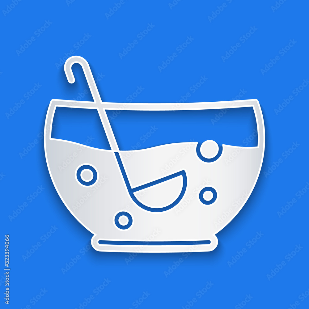 Paper cut Mixed punch with fresh fruits in bowl icon isolated on blue background. Paper art style. V