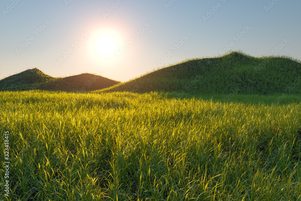 背景明亮的草地和山脉，3d渲染。