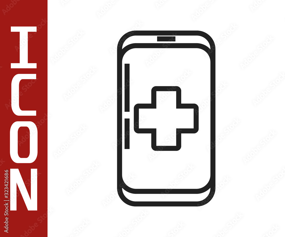 Black line Emergency mobile phone call to hospital icon isolated on white background. Vector Illustr