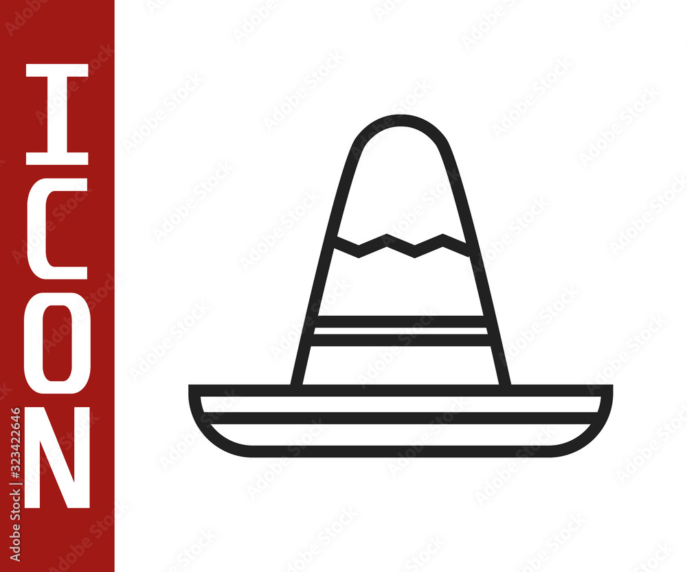 Black line Traditional mexican sombrero hat icon isolated on white background. Vector Illustration