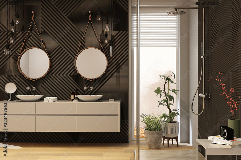 Modern bathroom interior with black walls in eco style