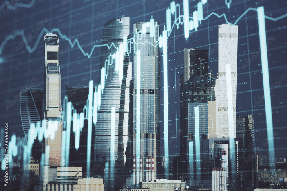 Abstract night city background with forex chart.