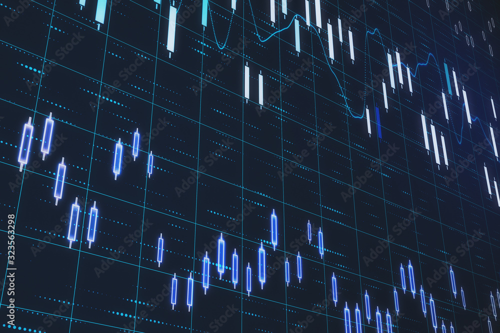 Digital screen with stock charts and statistics.