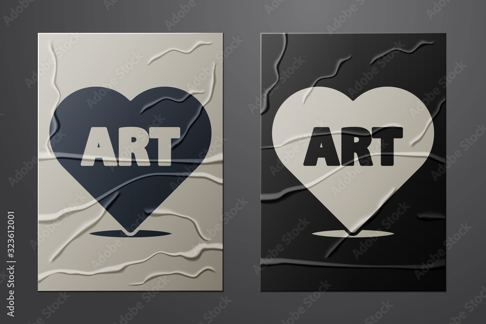 White Heart with text art icon isolated on crumpled paper background. Paper art style. Vector Illust