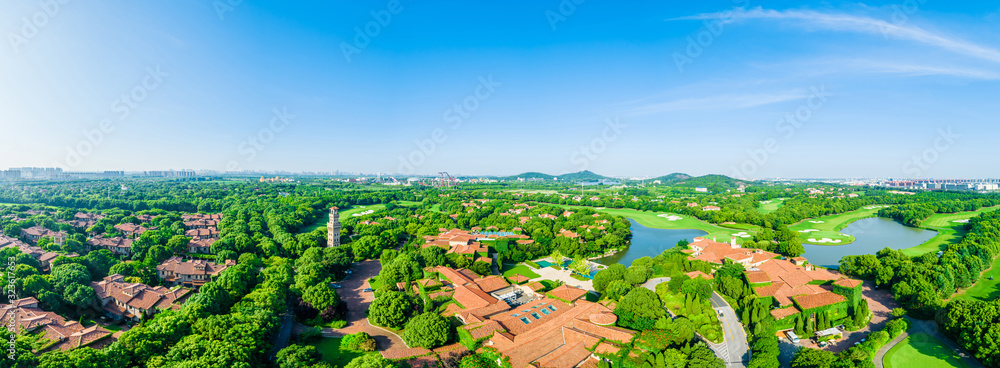 Aerial view of a beautiful green golf course in Shanghai,panoramic view.