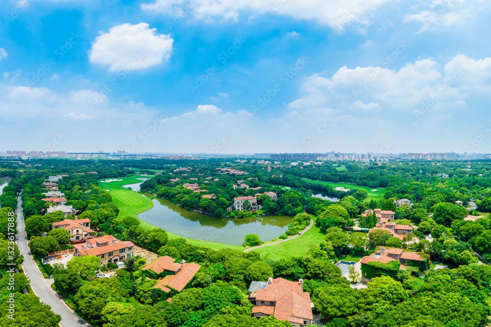 Aerial view of a beautiful green golf course in Shanghai,panoramic view.