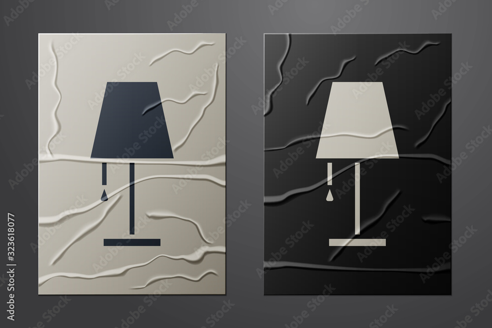 White Table lamp icon isolated on crumpled paper background. Paper art style. Vector Illustration