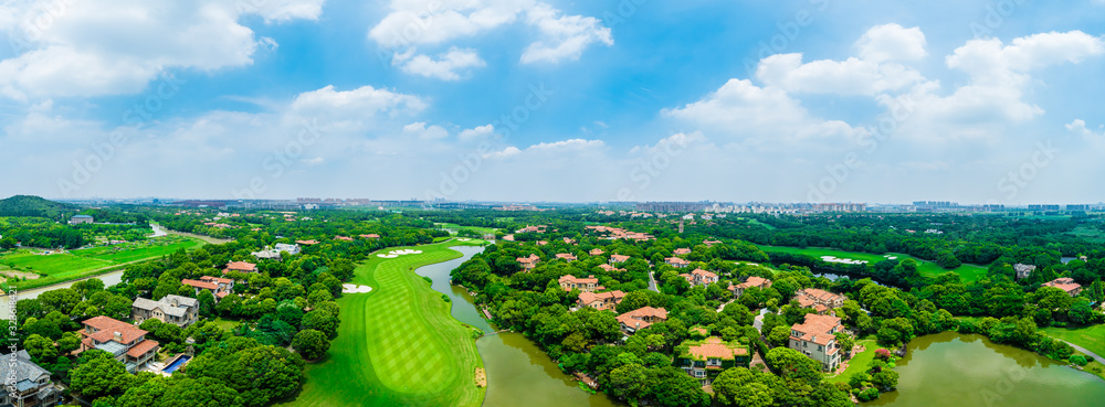 Aerial view of a beautiful green golf course in Shanghai,panoramic view.