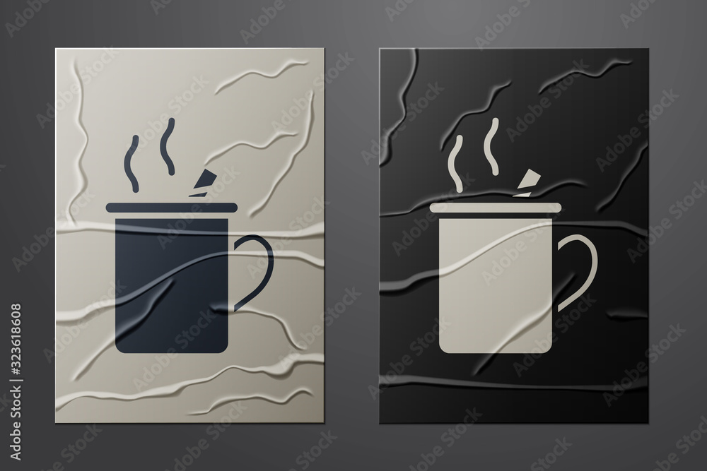 White Mulled wine with glass of drink and ingredients icon isolated on crumpled paper background. Ci