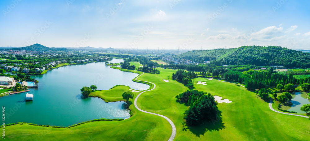 Aerial view of a beautiful green golf course in Shanghai,panoramic view.