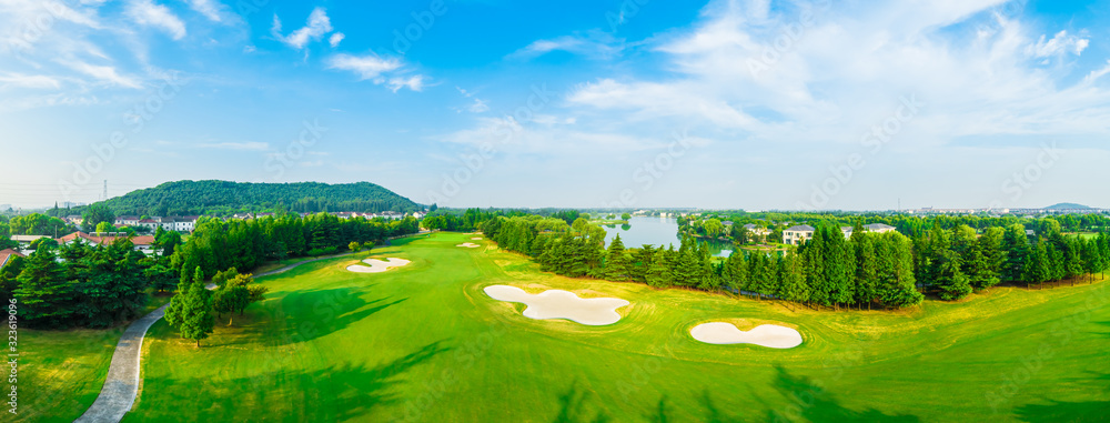 Aerial view of a beautiful green golf course in Shanghai,panoramic view.