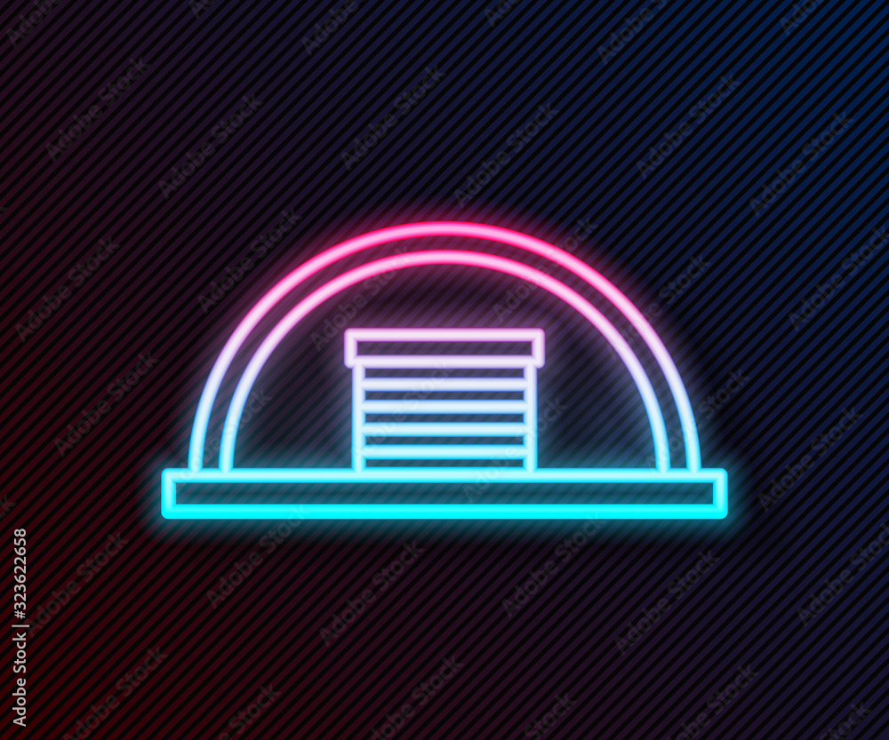 Glowing neon line Hangar icon isolated on black background. Vector Illustration