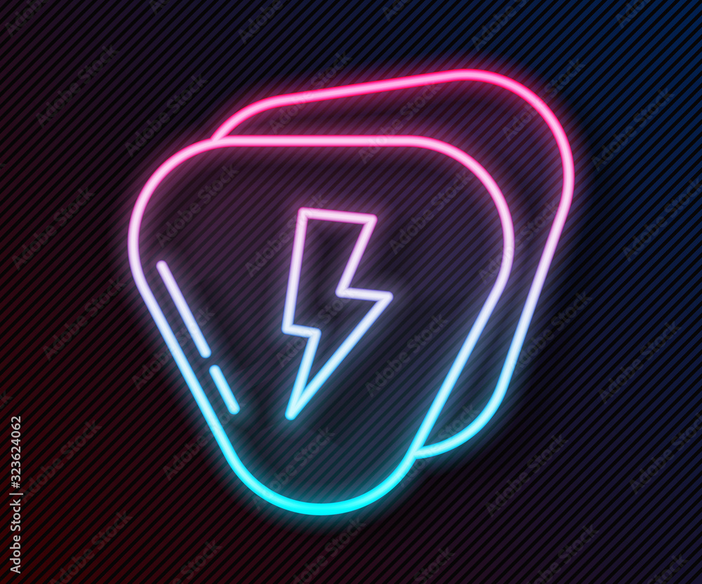 Glowing neon line Guitar pick icon isolated on black background. Musical instrument. Vector Illustra