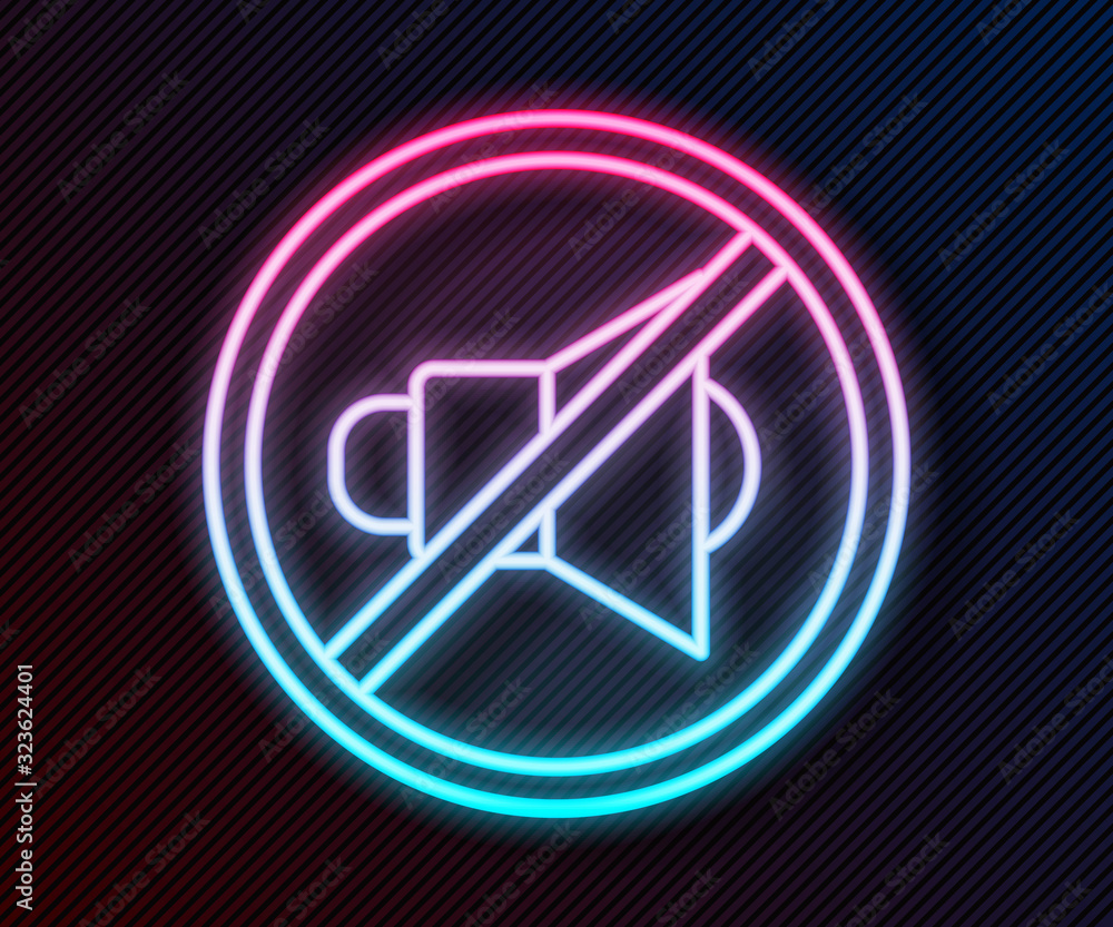 Glowing neon line Speaker mute icon isolated on black background. No sound icon. Volume Off symbol. 