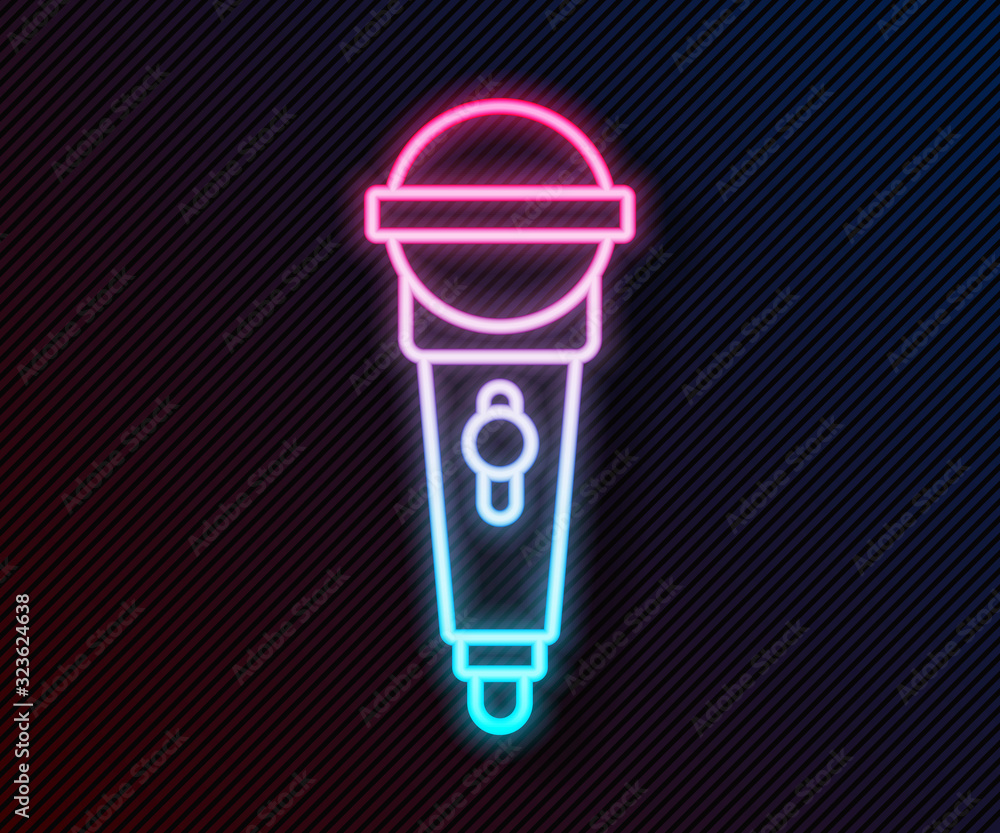 Glowing neon line Microphone icon isolated on black background. On air radio mic microphone. Speaker