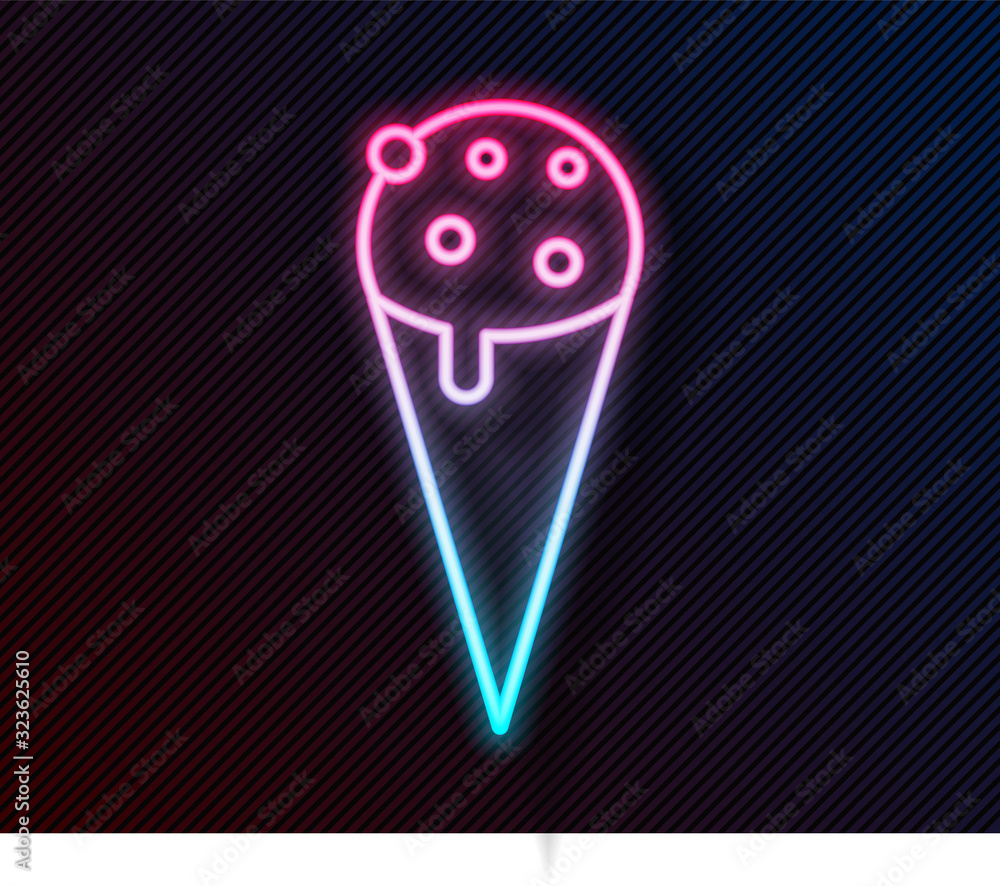 Glowing neon line Ice cream in waffle cone icon isolated on black background. Sweet symbol. Vector I