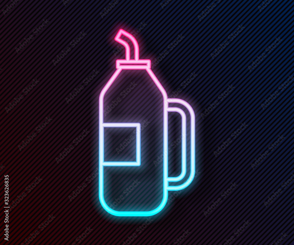 Glowing neon line Fitness shaker icon isolated on black background. Sports shaker bottle with lid fo