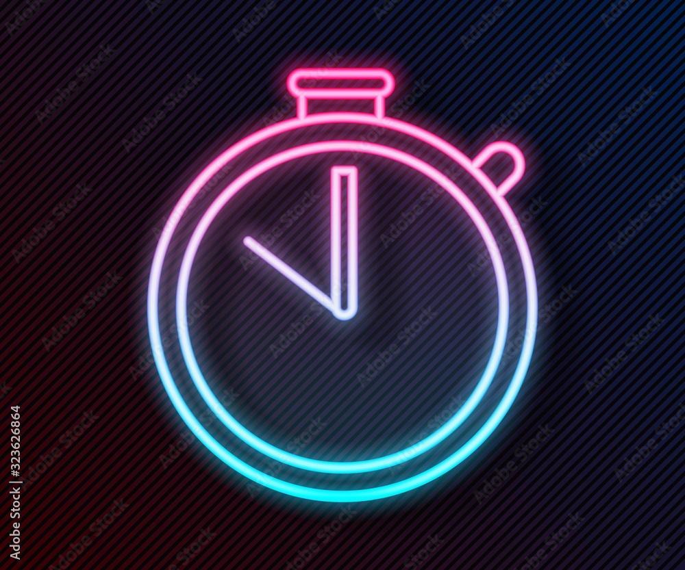 Glowing neon line Stopwatch icon isolated on black background. Time timer sign. Chronometer sign. Ve